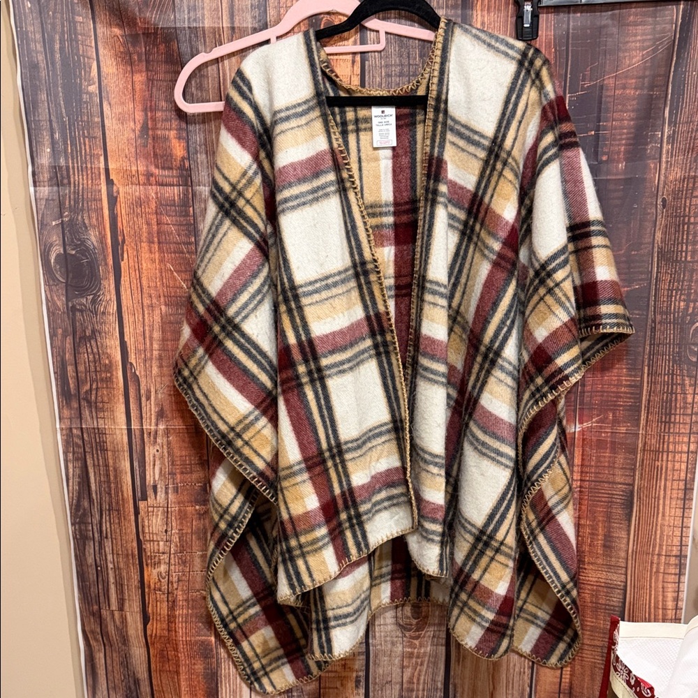 Woolrich Plaid Poncho Cape in Cream, Brown & Burgundy